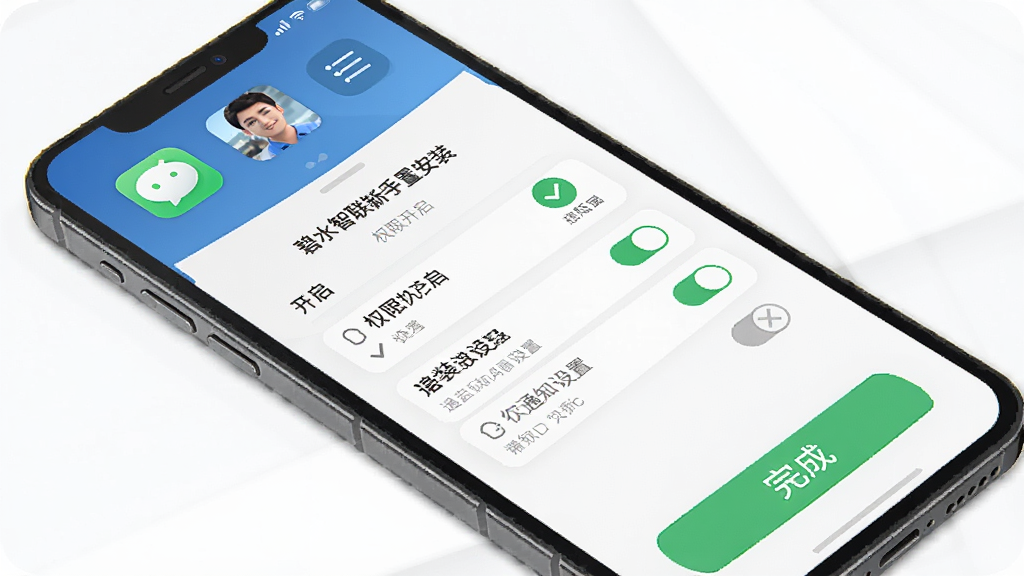 碧水智联新手安装设置步骤示意图,主体为手机屏幕显示权限开启与通知设置界面,布局为顶部应用图标、中部权限开关列表、底部完成按钮,排版清晰,风格为引导式界面风格,细节包含绿色对勾与灰色禁用图标,画质干净无多余元素