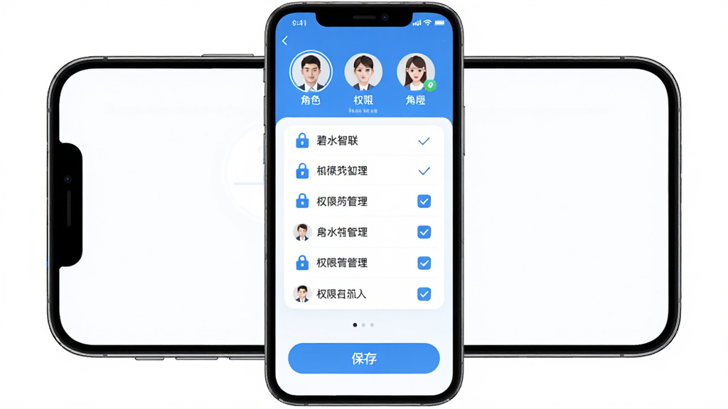 碧水智联多角色权限管理示意图,主体为手机屏幕显示角色切换与权限勾选界面,布局为顶部角色头像、中部权限列表、底部保存按钮,排版对称,风格为简洁安全风格,细节包含锁形图标与用户头像,画质清晰干净无多余元素