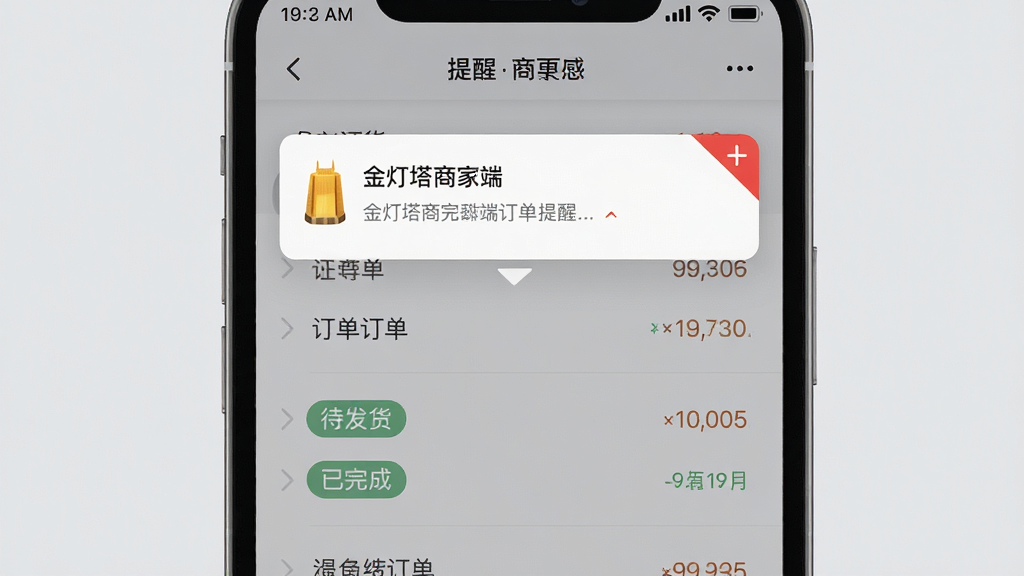 金灯塔商家端订单提醒界面,手机屏幕特写,屏幕上方弹出新订单通知横幅,下方是订单列表,包含待发货和已完成标签,背景是纯色浅灰,布局上下结构,风格简洁UI设计,细节上通知横幅有红色角标,画质高清干净无多余元素