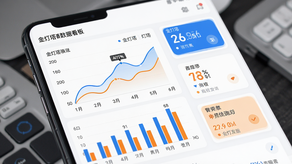 金灯塔商家端数据看板页面,手机屏幕内显示折线图和柱状图,图表颜色为蓝色和橙色,旁边有数字指标卡片,背景是白色简洁界面,布局左图右数,风格数据可视化商务风,细节上图表线条流畅标注清晰,画质干净高清无多余元素