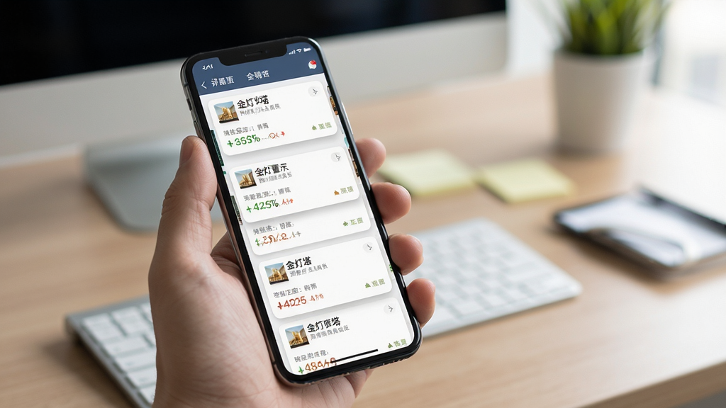 金灯塔商家端多店铺管理功能展示,画面中一只手拿着手机,屏幕内显示多个店铺卡片列表,每个卡片带有店铺名称和销售数据,背景是模糊的办公桌面,布局采用三分法构图,风格写实商务,细节上卡片有轻微阴影和圆角,画质清晰干净无多余元素