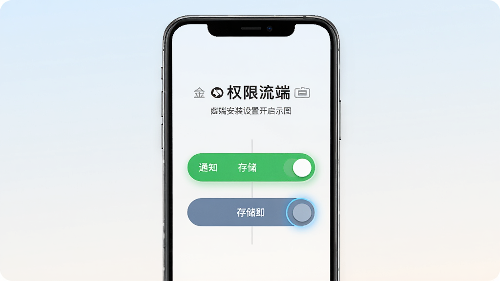 金灯塔商家端安装设置流程示意图,手机屏幕显示权限开启引导页面,有通知和存储两个开关按钮,背景是浅色渐变,布局居中垂直排列,风格新手引导界面,细节上按钮有高亮指示,画质干净高清无多余元素