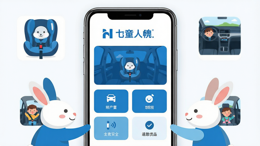 两只兔子 手机应用界面展示 主体为一部智能手机屏幕显示儿童安全座椅控制界面 布局为手机居中 周围环绕安全座椅、汽车内饰、儿童乘车场景图标 排版为上下结构 上方品牌名称下方功能模块 风格为科技感扁平化设计 细节为蓝色与白色主色调 界面清晰 画质高清 干净 无多余元素