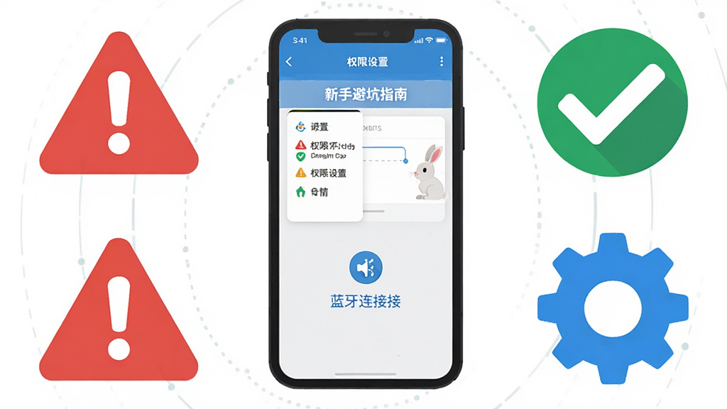 两只兔子 新手避坑指南 主体为手机屏幕显示权限设置与蓝牙连接界面 布局为手机居中 周围环绕警告图标、对勾图标、齿轮图标 排版为上下结构 风格为扁平化信息图 细节为红蓝对比色 画质高清 干净 无多余元素