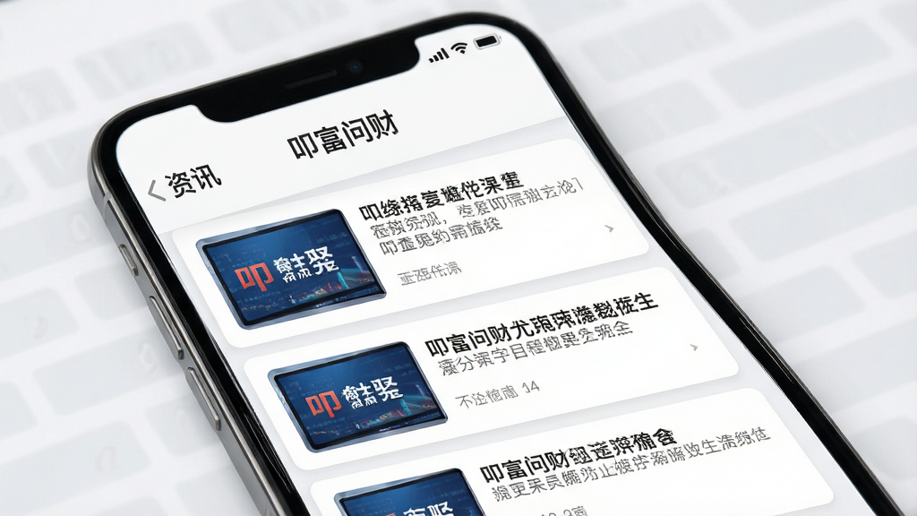 手机屏幕展示叩富问财的资讯列表页面,多条新闻卡片整齐排列,每条卡片带有缩略图和标题文字,背景为白色与淡灰色搭配,布局规整,风格简约商务,细节清晰,画质高清,干净,无多余元素