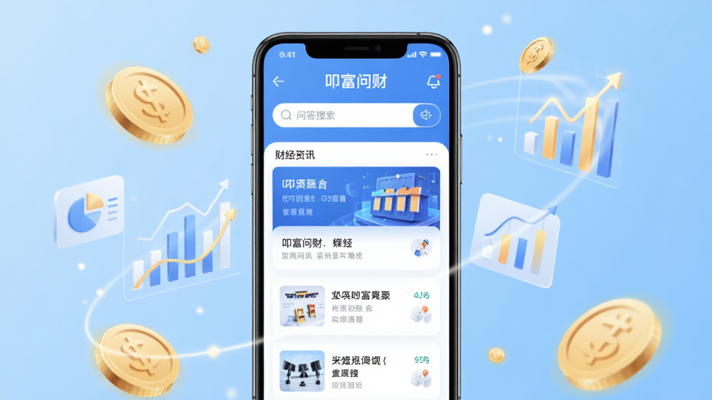 手机屏幕正中央展示叩富问财App主界面,界面包含问答搜索框和财经资讯卡片,背景为浅蓝色渐变,周围环绕金币和图表元素,布局简洁对称,风格现代科技感,细节清晰,画质高清,干净,无多余元素
