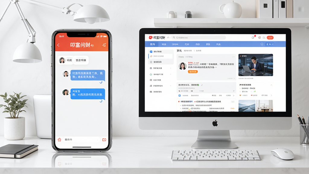 手机与电脑并排展示叩富问财App运行画面,手机屏幕显示问答界面,电脑屏幕显示资讯页面,背景为简洁的工作桌面,布局左右对称,风格现代办公,细节清晰,画质高清,干净,无多余元素