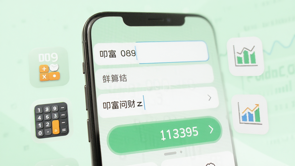 手机界面展示叩富问财的计算工具页面,屏幕上有数字输入框和结果展示区域,旁边有计算器图标和图表符号,背景为浅绿色调,布局清晰,风格清爽简洁,细节到位,画质高清,干净,无多余元素
