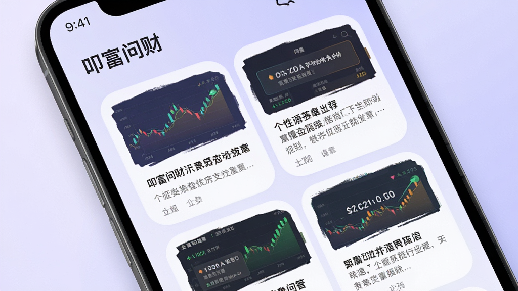 手机屏幕展示叩富问财的推荐页面,卡片式内容流中显示个性化的财经文章和问答,背景为淡紫色渐变,布局流畅自然,风格柔和圆角,细节丰富,画质高清,干净,无多余元素