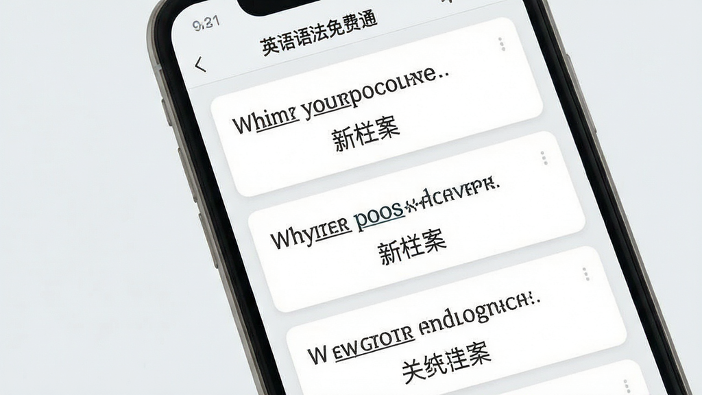 英语语法免费通例句丰富贴近实用界面,主体为手机屏幕展示例句卡片列表,布局为纵向滚动卡片,每张卡片包含英文例句和中文翻译;排版清晰,卡片间距适中;风格为清新浅色系,白色卡片配淡灰背景;细节上屏幕中显示“英语语法免费通”和例句文本,文字清晰;画质高清,画面干净,无多余元素