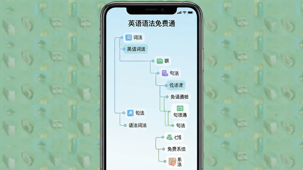 英语语法免费通系统化语法知识体系界面,主体为手机屏幕展示语法分类树状图,布局为纵向层级结构,从词法到句法逐级展开;排版清晰,每个节点配有图标和简短标签;风格为教育类应用常见的清爽浅色系,背景为淡蓝渐变;细节上屏幕中显示“英语语法免费通”标题,分类节点文字清晰,连线规整;画质高清,画面干净,无多余元素