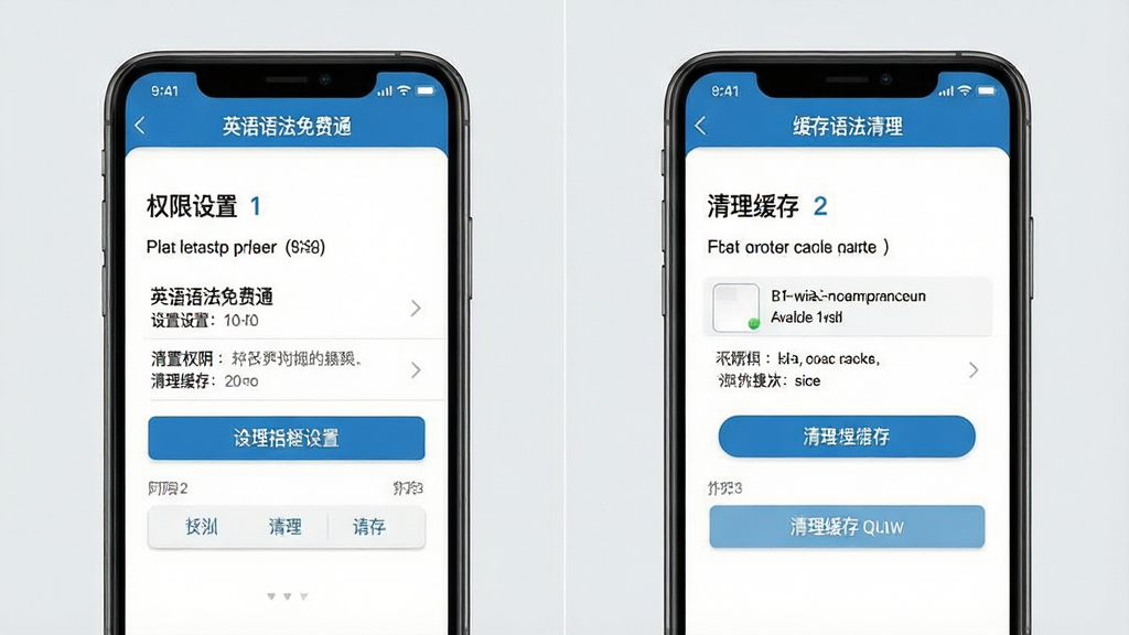 英语语法免费通使用指南与问题解决示意图,主体为手机屏幕展示设置权限和清理缓存的操作步骤截图风格;布局为左右分栏,左侧为权限设置界面,右侧为缓存清理界面;排版清晰,步骤编号明显;风格为教程类截图风格,浅灰背景;细节上屏幕中显示“英语语法免费通”和操作按钮,文字清晰;画质高清,画面干净,无多余元素