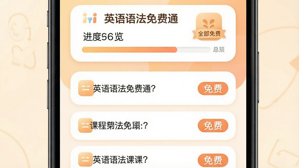 英语语法免费通免费开放全部内容展示图,主体为手机屏幕显示解锁全部课程界面,布局为上下结构,上方为进度总览,下方为课程列表全部标记为免费;排版整齐,列表项间距均匀;风格为柔和圆角卡片式设计,色调温暖明亮;细节上屏幕中显示“英语语法免费通”和“全部免费”标识,文字清晰;画质高清,画面干净,无多余元素