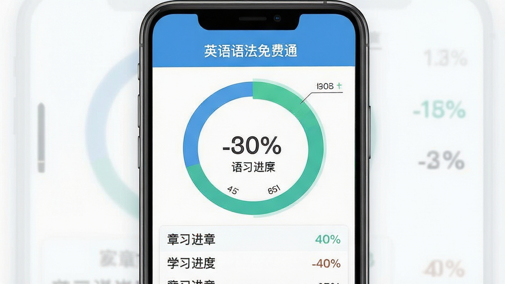 英语语法免费通碎片化学习与进度追踪界面,主体为手机屏幕展示学习进度环形图和章节列表,布局为上方环形进度、下方章节清单;排版简洁,进度百分比居中显示;风格为现代扁平化,蓝绿配色;细节上屏幕中显示“英语语法免费通”和进度数据,文字清晰;画质高清,画面干净,无多余元素