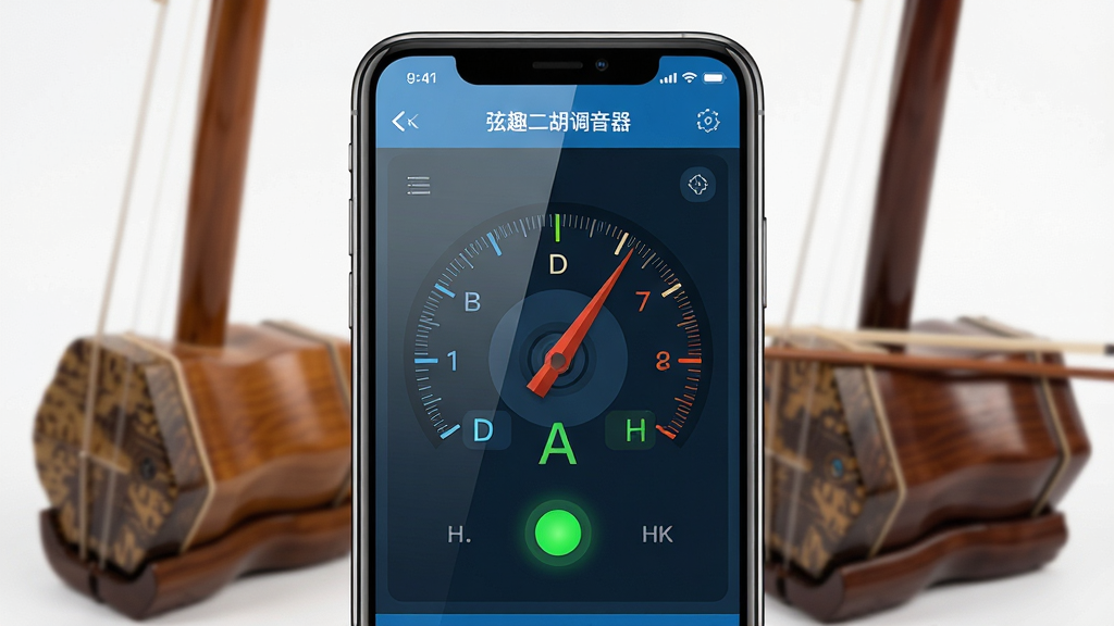 一张展示弦趣二胡调音器软件界面的高质量手机样机图,主体为一部现代智能手机,屏幕中央显示着弦趣二胡调音器的调音界面,界面中有清晰的指针刻度盘、音名D和A的高亮显示以及绿色的音准指示灯。布局采用居中构图,手机两侧隐约可见二胡的琴筒与琴弦作为背景虚化。排版简洁,风格为专业工具类App展示风格,细节上要求手机屏幕有轻微反光质感,背景干净无多余元素,画质为4K超清,整体色调以木色与科技蓝为主。
