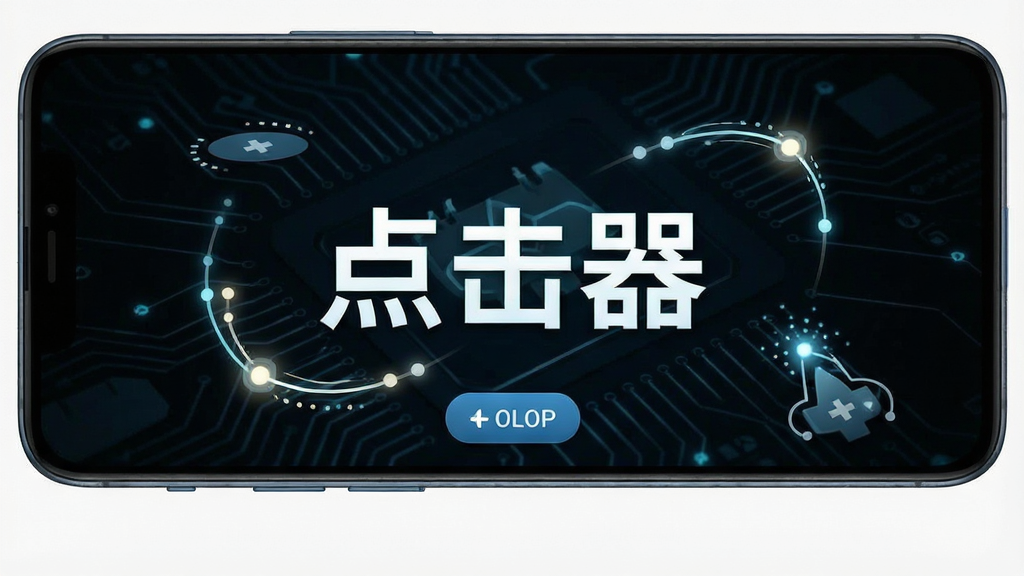 一张展示安卓手机屏幕的图片,画面中央是点击器软件的主界面,界面上有醒目的