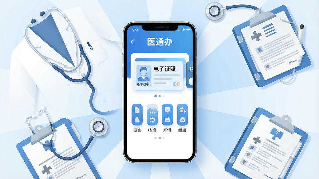 画面主体是一部智能手机,屏幕中央显示“医通办”应用主界面,界面内有电子证照卡片和功能图标,手机周围环绕听诊器、白大褂、病历夹等医疗元素,布局采用中心放射式构图,排版干净整洁,风格为扁平化医疗科技风,细节包含蓝色主色调、柔和光影、圆角图标、清晰的信息层级,画质高清,画面干净,无多余元素