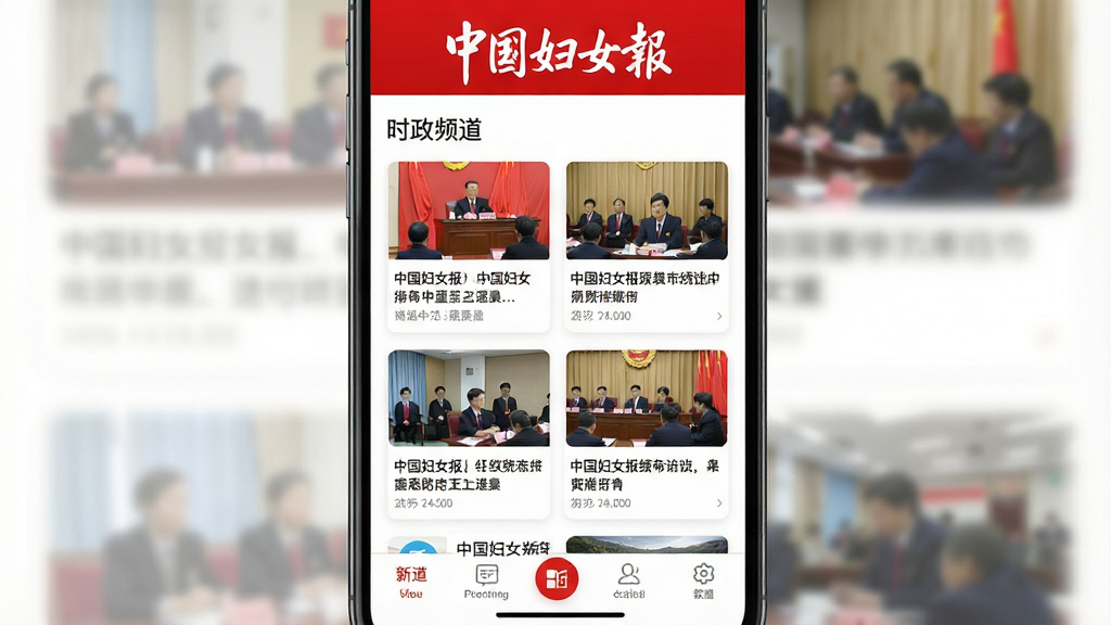 一张新闻资讯类手机应用界面截图风格图片,画面主体为“中国妇女报”App的时政频道页面,顶部红色报头醒目,中部卡片式排列多条新闻标题与缩略图,底部有频道切换栏,整体布局采用红色与白色主色调,风格简洁大气,细节清晰,画质高清,干净,无多余元素