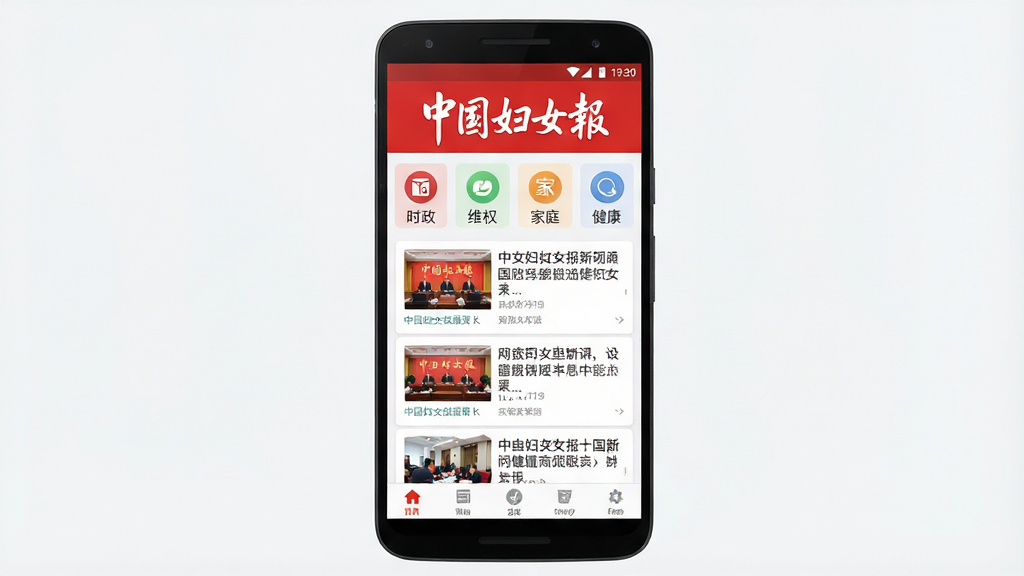 一幅以“中国妇女报”为主题的竖版手机应用界面展示图,画面中央是一部安卓手机,屏幕里显示中国妇女报客户端首页,顶部有红色报头与“中国妇女报”文字,下方排列时政、维权、家庭、健康等频道入口,整体布局简洁清晰,风格为现代新闻资讯类App界面,细节包括图标、卡片式新闻列表与底部导航栏,画质高清,干净,无多余元素