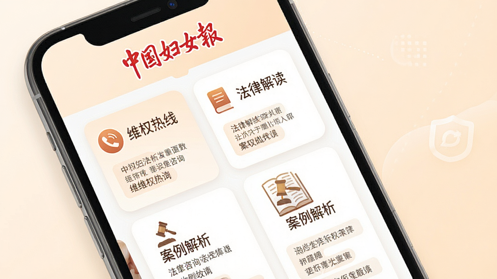 一幅以“中国妇女报”维权服务为主题的手机界面图,画面中手机屏幕显示法律咨询与维权指南页面,包含“维权热线”“法律解读”“案例解析”等文字模块,背景为柔和浅色,风格专业、温暖,布局清晰,细节包括图标与卡片式内容,画质高清,干净,无多余元素