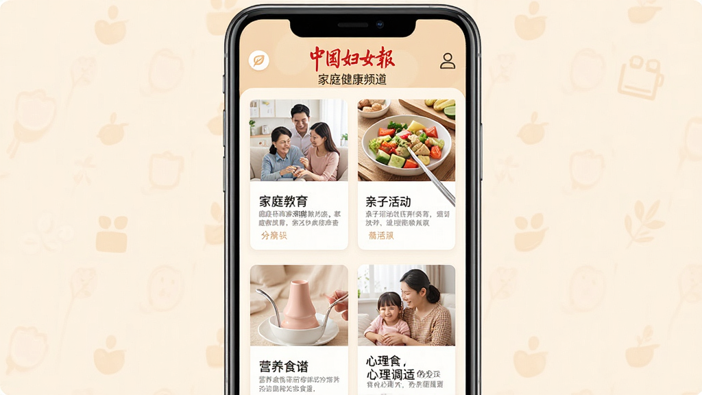 一张以“中国妇女报”家庭健康频道为主题的手机应用界面图,画面显示手机屏幕中排列着家庭教育和健康生活类文章卡片,包含亲子活动、营养食谱、心理调适等标题,整体色调温暖柔和,风格亲切生活化,细节有图标与配图,画质高清,干净,无多余元素