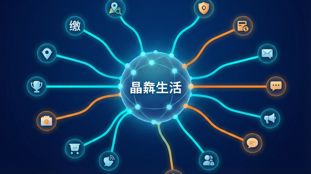 一幅展示“晶生活”应用功能聚合特性的概念图,画面主体是一个发光的球形网络节点,中心节点标注“晶生活”,从中心向外延伸出多条彩色线条,分别连接着代表不同生活服务的小图标,如缴费、地图、工具、消息等。布局采用放射状结构,中心突出,四周发散。风格为科技感扁平插画,背景为深蓝色渐变,线条为亮青色和橙色。细节上每个小图标都有轻微的发光效果,线条流畅。画质高清,画面干净,无多余元素。