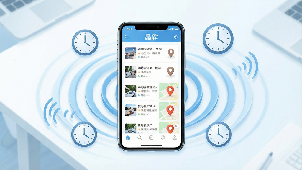 一幅表现“晶生活”本地化信息推送功能的场景图,画面中一部手机放置在桌面上,屏幕显示着本地资讯列表和地图定位标记,手机周围有代表实时更新的动态波纹和时钟图标。布局为手机居中,波纹从手机向外扩散。风格为清新写实插画,色调以浅蓝和白色为主。细节上屏幕内容清晰可辨,波纹有层次感。画质细腻,画面干净,无多余元素。