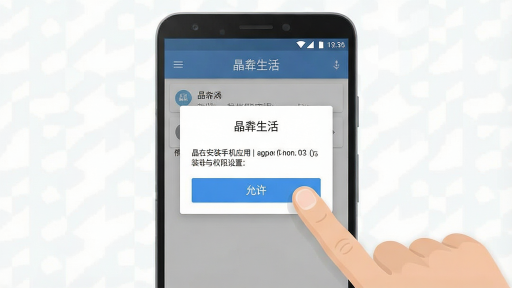 一幅展示“晶生活”手机应用安装与权限设置界面的示意图,画面中一部安卓手机屏幕显示着权限管理弹窗,旁边有手指点击“允许”按钮的动作示意。布局为手机居中,手指从右侧伸入。风格为简洁扁平化UI示意图,色调以白色和浅灰色为主,按钮为蓝色。细节上弹窗文字清晰,手指有自然的点击姿态。画质清晰,画面干净,无多余元素。