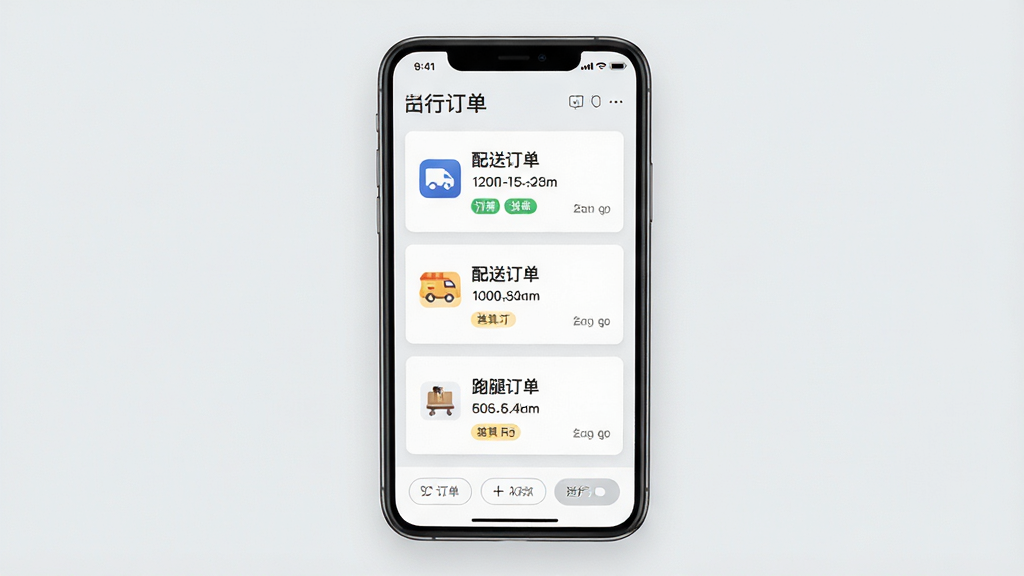 一张同城聚合多类型订单聚合功能的界面展示图,画面中央为手机屏幕,屏幕上以卡片形式排列出行订单、配送订单、跑腿订单三种类型,每张卡片带有图标与简要信息,背景为浅灰色,布局整齐,风格简洁商务,细节包含订单标签与筛选按钮,画质清晰,干净,无多余元素