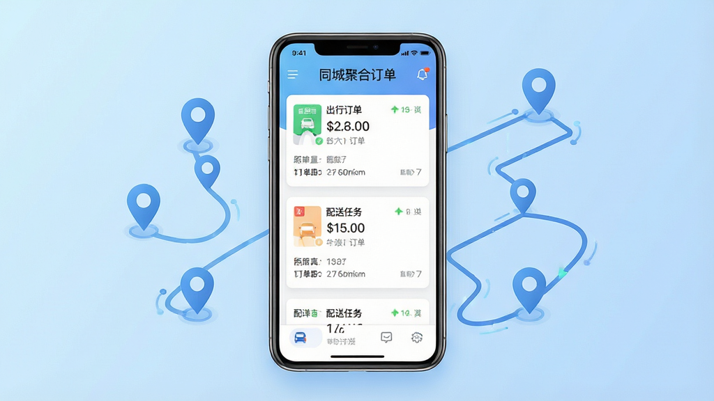 一张展示同城聚合软件界面的手机应用展示图,画面中央放置一部竖屏智能手机,屏幕上显示同城聚合的订单列表页面,包含出行订单与配送任务卡片,背景为浅蓝色渐变,周围环绕定位图标与路线轨迹线条,排版简洁清晰,风格现代科技感,细节包含状态栏、订单金额、距离信息,画质高清,干净,无多余元素