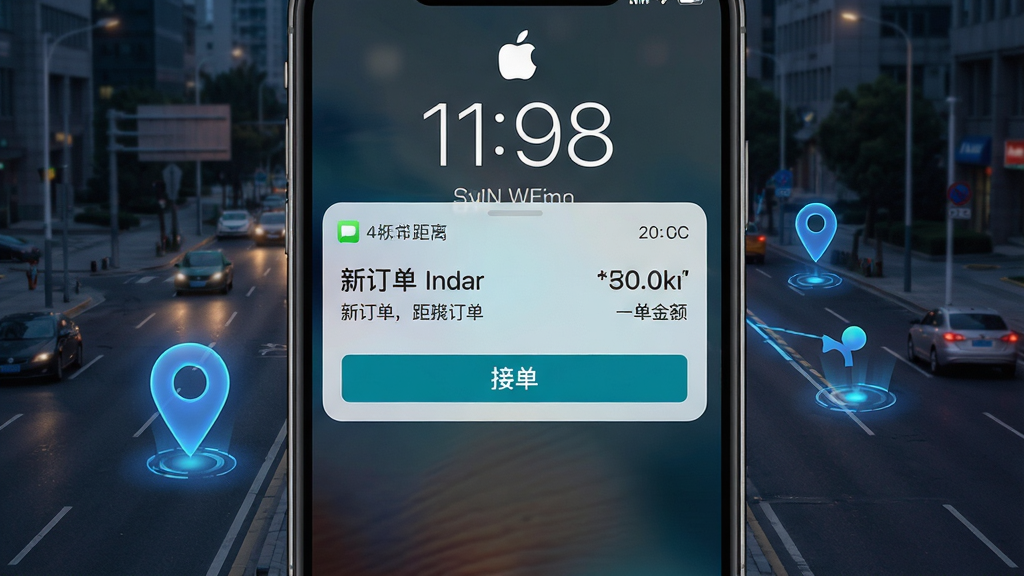 一张同城聚合实时订单推送功能示意图,画面中央为手机锁屏界面弹出订单通知横幅,通知内容显示新订单距离与金额,背景为城市道路与定位光点,排版聚焦通知卡片,风格写实科技感,细节包含时间戳与接单按钮,画质高清,干净,无多余元素