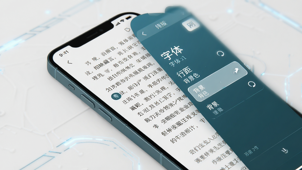 绀映藏言阅读界面功能展示图,手机屏幕中显示电子书正文,侧边滑出排版设置面板,包含字体、行距、背景色选项,绀青色调,布局清晰,风格简洁科技感,细节丰富,高清画质,干净无多余元素