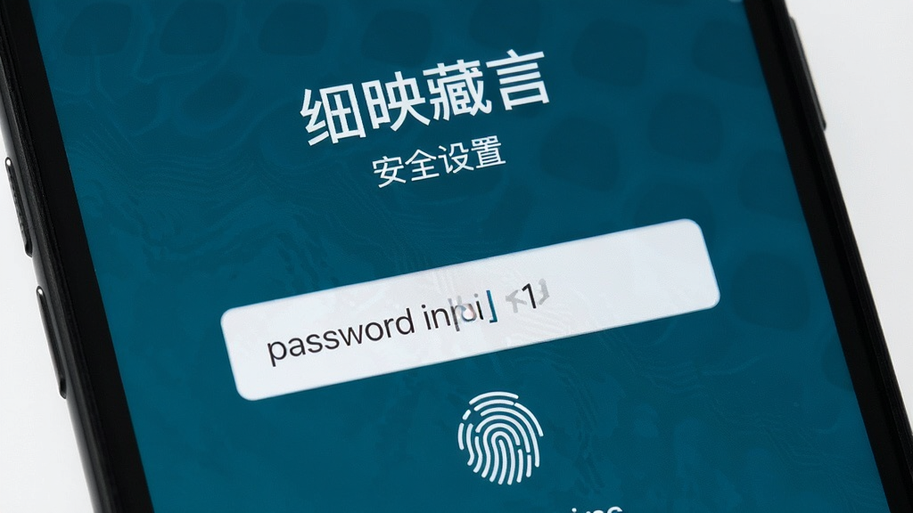 绀映藏言安全设置界面,手机屏幕显示密码输入框与指纹解锁图标,背景为深绀青色,布局居中,风格安全可靠,细节清晰,高清画质,干净无多余元素