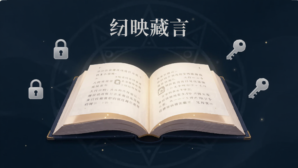 绀映藏言应用主界面截图,深色绀青背景,中央展示一本翻开的电子书,书页散发柔和光芒,周围环绕加密锁与钥匙图标,布局简洁居中,风格神秘沉稳,细节精致,高清画质,干净无多余元素