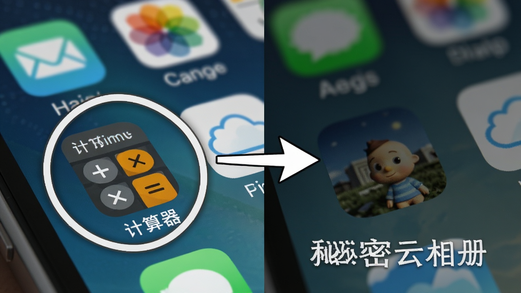 一部手机桌面显示多个应用图标,其中“计算器”图标被高亮圈出,旁边有一个箭头指向一个隐藏的相册界面,主体为手机屏幕特写,布局采用左右对比排版,风格为写实UI展示,细节包括图标阴影、高光效果和背景虚化,画质清晰,干净无多余元素,图片中文字标注“秘密云相册”