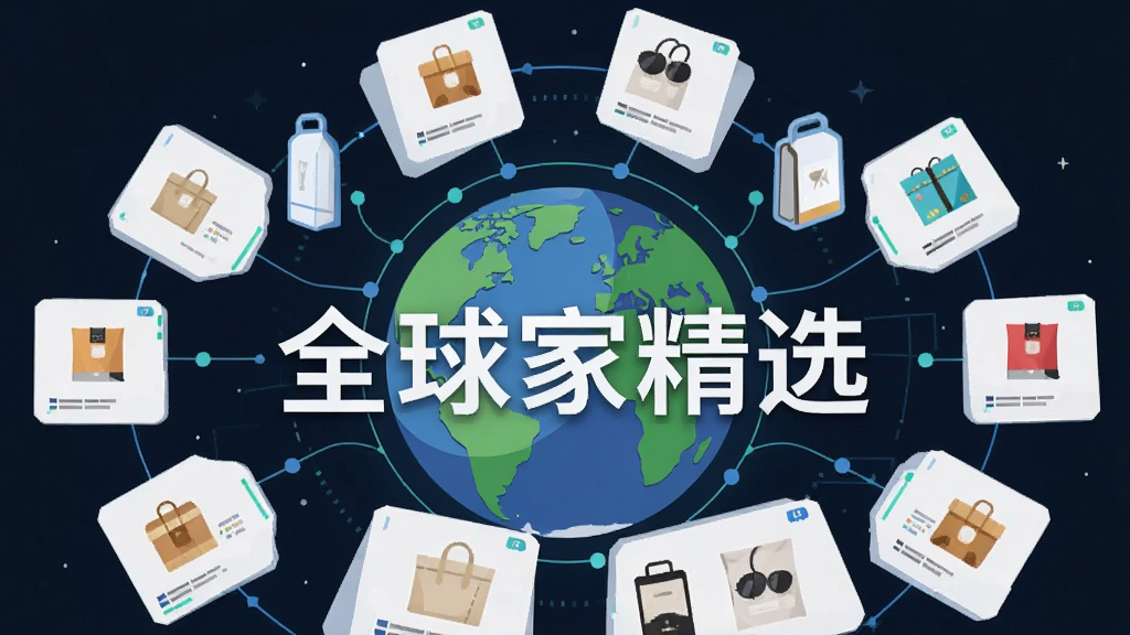 一张展示全球家精选全球甄选好物功能的宣传图,主体为地球与多个商品卡片环绕组合,布局为地球居中、商品卡片呈环形排列,排版突出“全球家精选”文字,风格为科技感扁平插画,细节包含不同品类商品图标与连接线条,画质清晰,干净,无多余元素