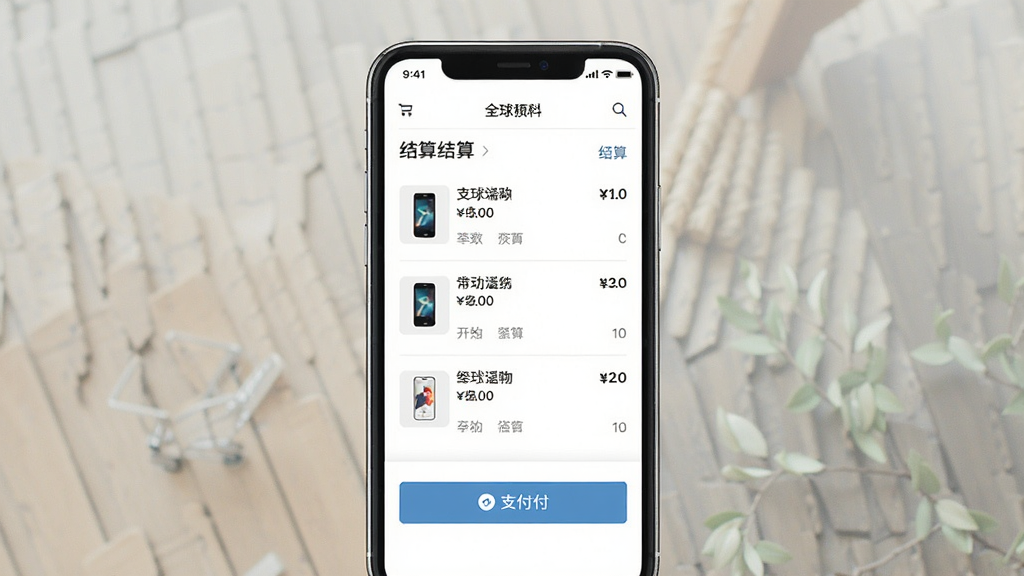 一张展示全球家精选手机端操作界面的示意图,主体为手机屏幕中的购物车与结算页面,布局为上下结构,排版清晰,风格为现代简约电商风,细节包含商品清单、价格合计与支付按钮,画质清晰,干净,无多余元素