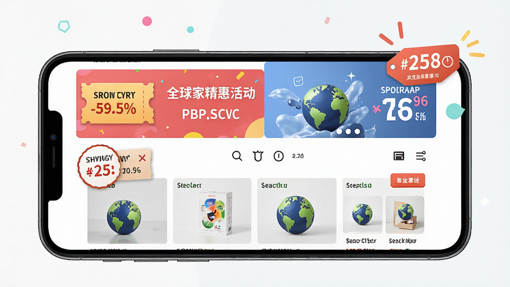 一张展示全球家精选优惠活动页面的宣传图,主体为手机屏幕中的促销活动页面,布局为横幅加商品网格,排版活泼,风格为促销电商风,细节包含优惠券图标、倒计时标签与折扣数字,画质清晰,干净,无多余元素