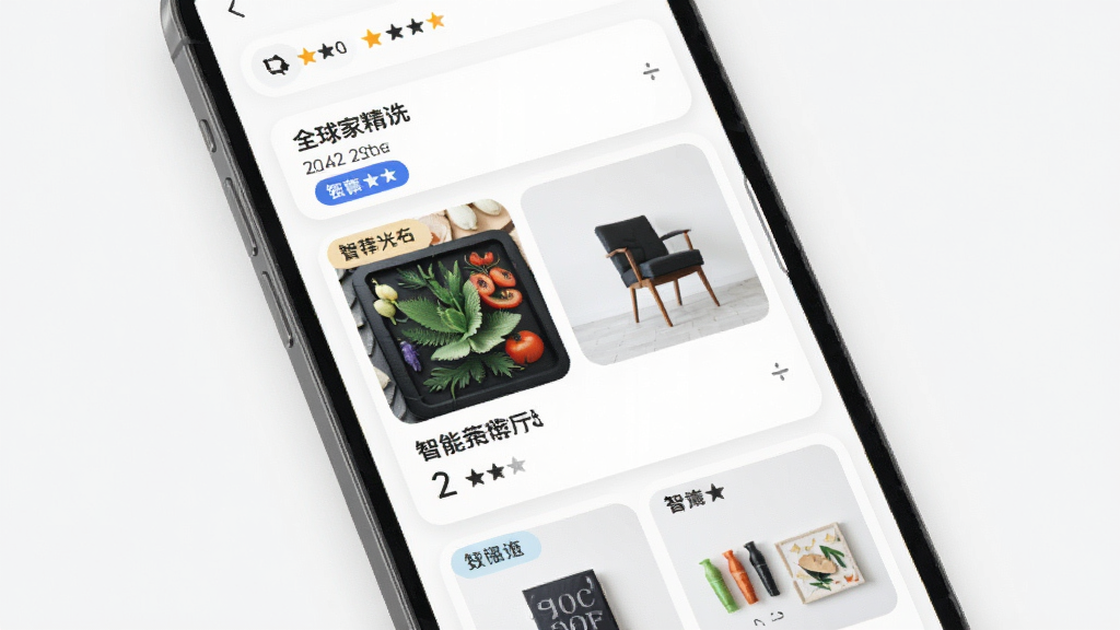 一张展示全球家精选智能推荐功能的界面图,主体为手机屏幕中的个性化推荐信息流,布局为上下滑动卡片式排列,排版简洁,风格为现代电商UI,细节包含推荐标签、商品图片与评分信息,画质清晰,干净,无多余元素