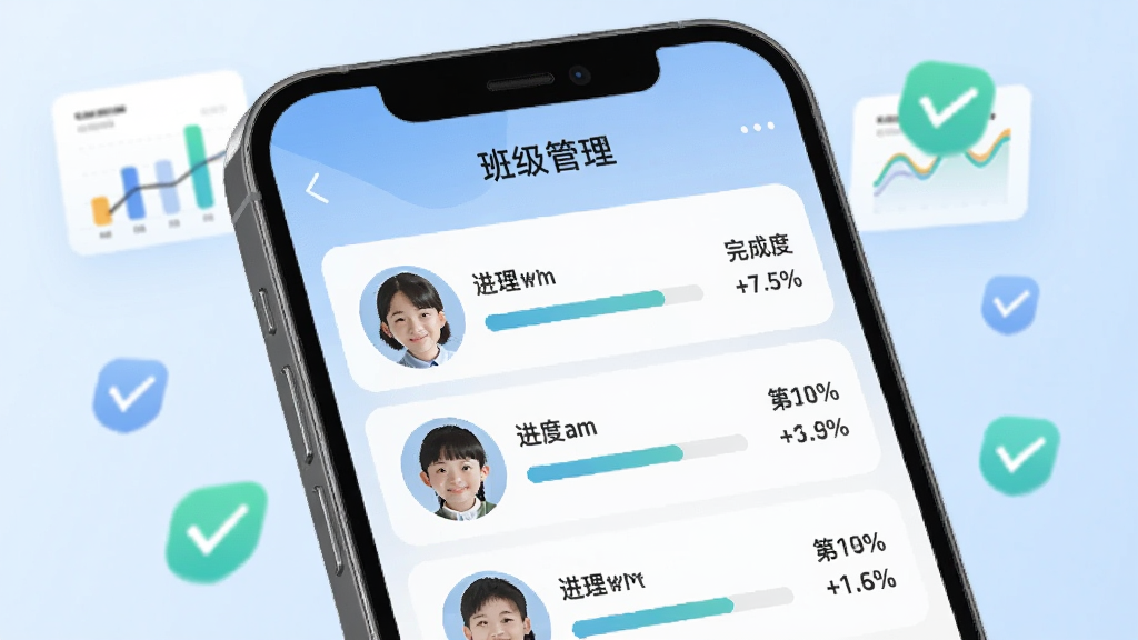 一部手机屏幕特写,显示洪恩学堂教师端的班级管理列表,每个学生头像旁有进度条和完成度百分比,界面顶部有“班级管理”字样,背景为淡蓝色渐变,周围漂浮着数据图表和勾选标记的图标,风格为简洁明快的UI展示图,细节清晰,画质干净无多余元素。