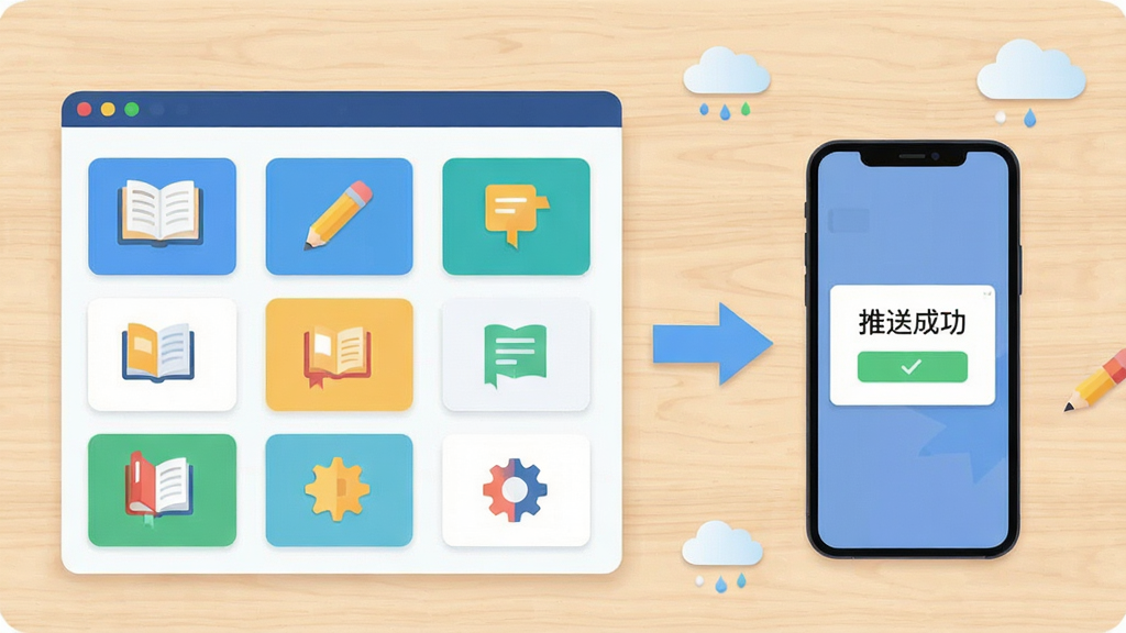 画面展示一个虚拟的备课界面,左侧是整齐排列的课程卡片和图标,右侧是手机屏幕显示“推送成功”的提示,中间有箭头从资源库指向手机,背景为浅色木质桌面,风格为扁平化信息图,细节包括书本、铅笔和云朵图标,画质高清,画面干净整洁。