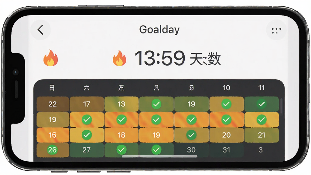 Goalday �򿨼�¼���棬����Ϊ�ֻ���Ļ��ʾ��������������������ͼ������Ϊ���½ṹ���Ű�����������ִ���ƽ����ϸ�ڰ�������ͼ�ꡢ������������ɫ�Թ���ǣ����ʸ��壬�ɾ����޶���Ԫ��