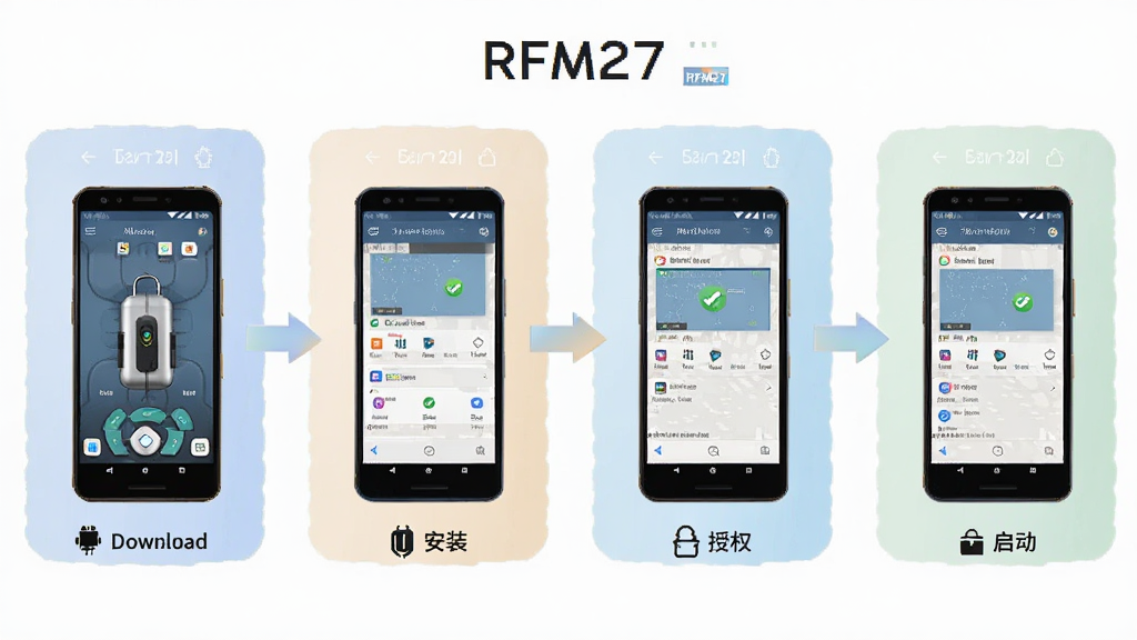 一张展示RFM27在安卓手机上操作步骤的图片,画面以流程图形式呈现,从左到右依次为下载、安装、授权、启动四个步骤,每个步骤配有手机界面小图,整体风格简洁明快,配色柔和,画面中标注