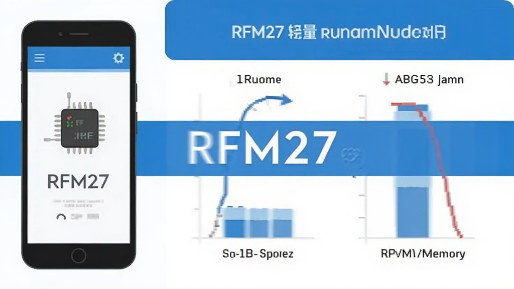 一张展示RFM27轻量运行特性的图片,画面左侧放置一部手机,右侧以简洁图表形式展示运行速度与内存占用的对比,整体采用扁平化设计风格,配色以蓝白为主,画面中央标注