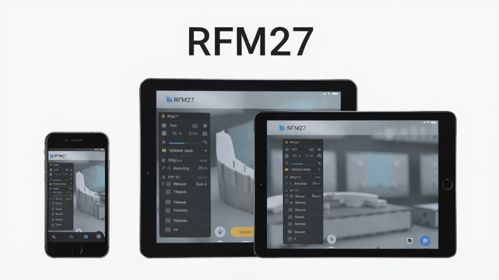 一张展示RFM27多设备兼容性的图片,画面中同时出现手机和平板设备,屏幕上均显示RFM27的界面,设备排列整齐,背景为浅色,风格简约商务,画面中文字为