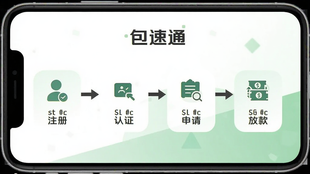一张展示“包速通”App借款流程步骤的图片,画面为手机屏幕显示四个步骤图标:注册、认证、申请、放款,用箭头连接,背景为白色与浅绿色搭配,布局横向排列,风格扁平化设计,细节包括步骤文字和小图标,画质高清,干净无多余元素