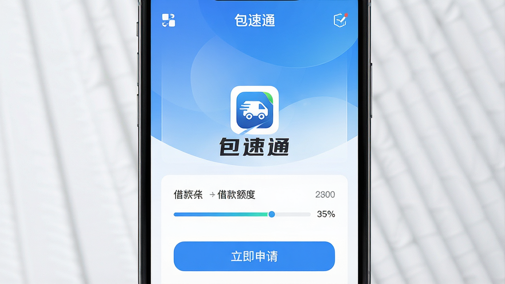一张手机屏幕展示“包速通”App首页的图片,画面中央是App的Logo和名称“包速通”,背景为简洁的蓝白渐变色调,屏幕内显示借款额度评估界面,有“立即申请”按钮,布局清晰,风格现代科技感,细节包括图标、进度条和数字展示,画质高清,干净无多余元素