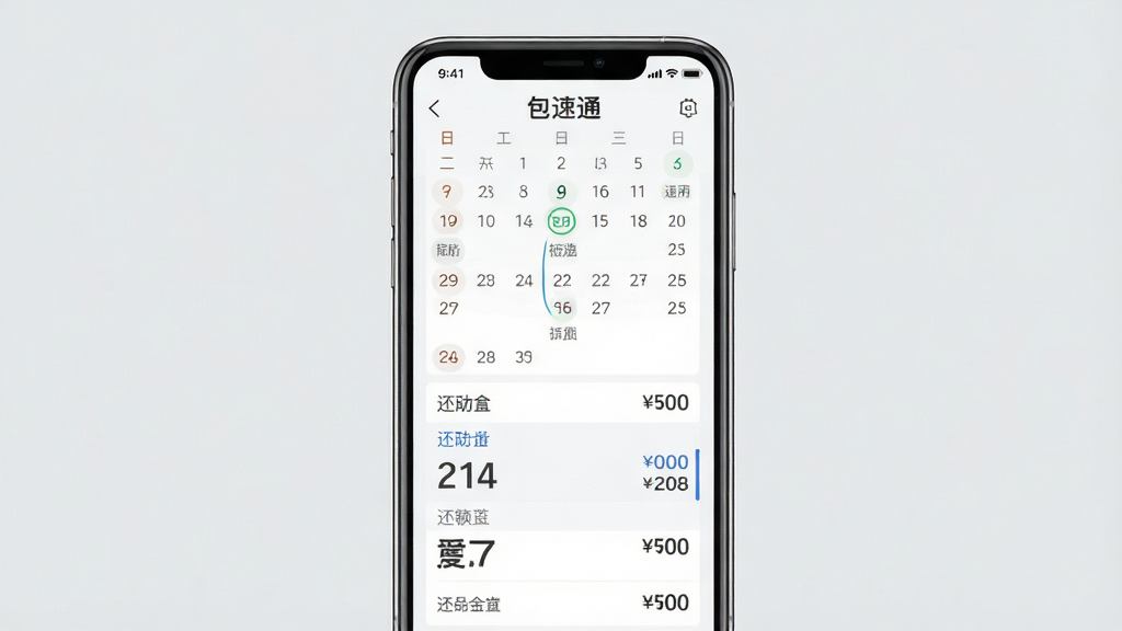 一张展示“包速通”App还款计划界面的图片,画面为手机屏幕显示日历和还款金额列表,背景为浅灰色,布局清晰,风格商务简约,细节包括日期标记和金额数字,画质高清,干净无多余元素