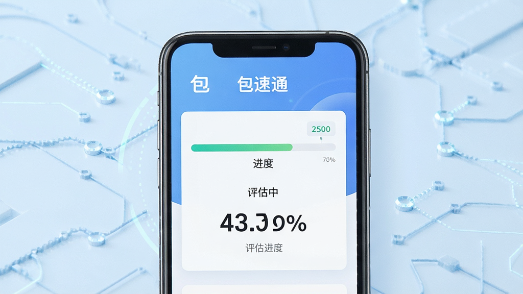 一张展示“包速通”App额度评估界面的图片,画面主体为手机屏幕,屏幕内显示评估进度条和数字金额,背景为浅蓝色科技纹理,布局居中,风格简洁明快,细节包括“评估中”文字和百分比数字,画质高清,干净无多余元素