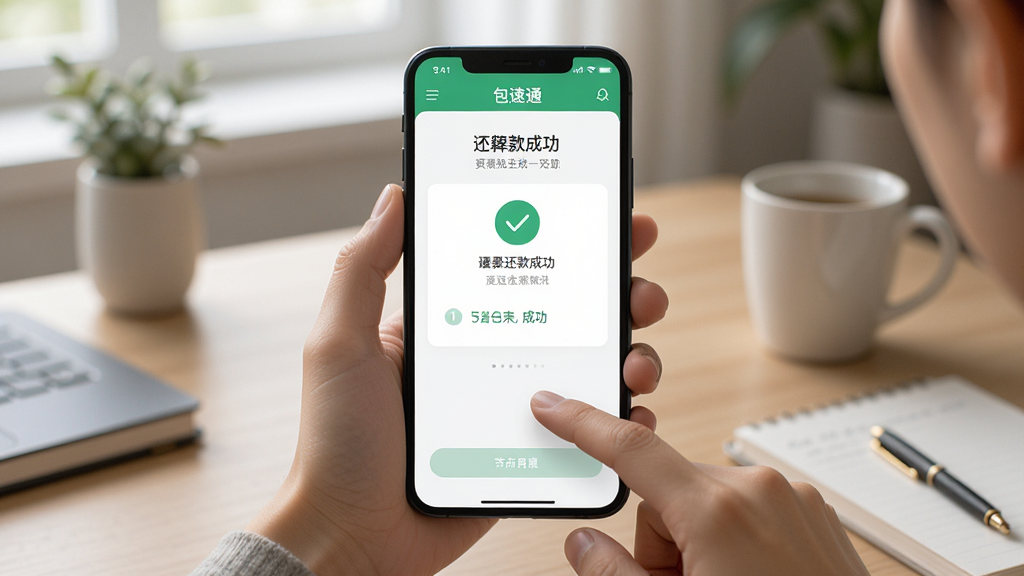 一张展示用户手持手机操作“包速通”App的图片,画面为手机屏幕显示还款成功界面,背景为室内书桌环境,布局以手机为中心,风格生活化,细节包括手指点击屏幕和成功提示图标,画质高清,干净无多余元素